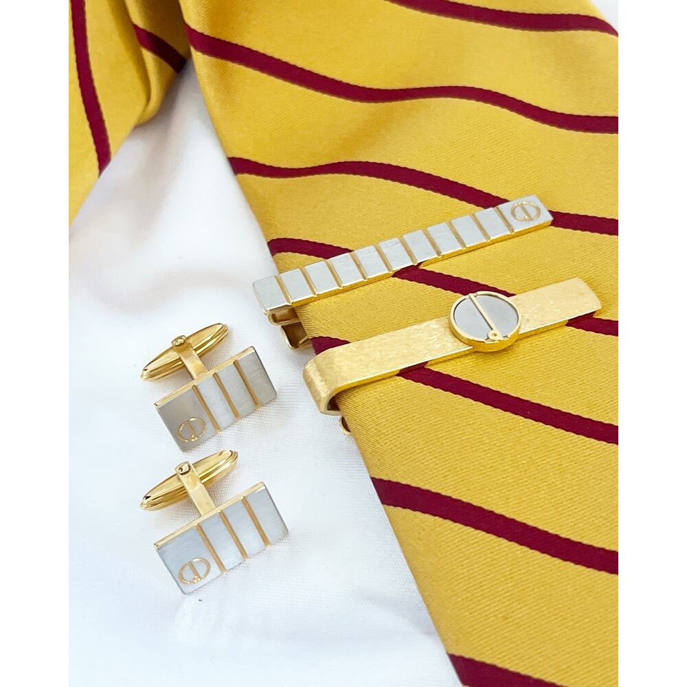 DUNHILL Vintagex Silver Gold Two Tone Lined Logo Rectangular Cufflinks 2 Tie Bar